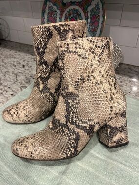 Free People Snake-Print Block Heel Ankle Boots - Beige Black
